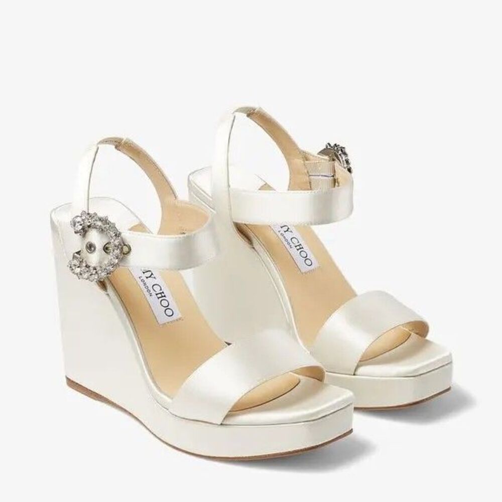 Jimmy Choo Mirabelle 110 Satin Wedge Sandal Heels Womens EU 38.5 Ivory Crystal